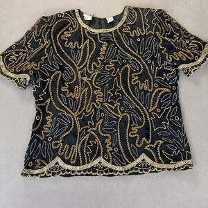 Vintage Laurence Kazar Women's Silk Black & Gold Beaded Formal Top- Size XL
